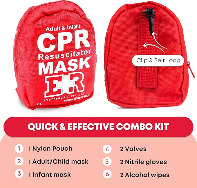 Adult and Infant CPR Mask Combo Kit – 4-Pack – 8 Valves, 4 Gloves, 8 Alcohol Pads – Latex-Free, Portable Pouch for First Responders