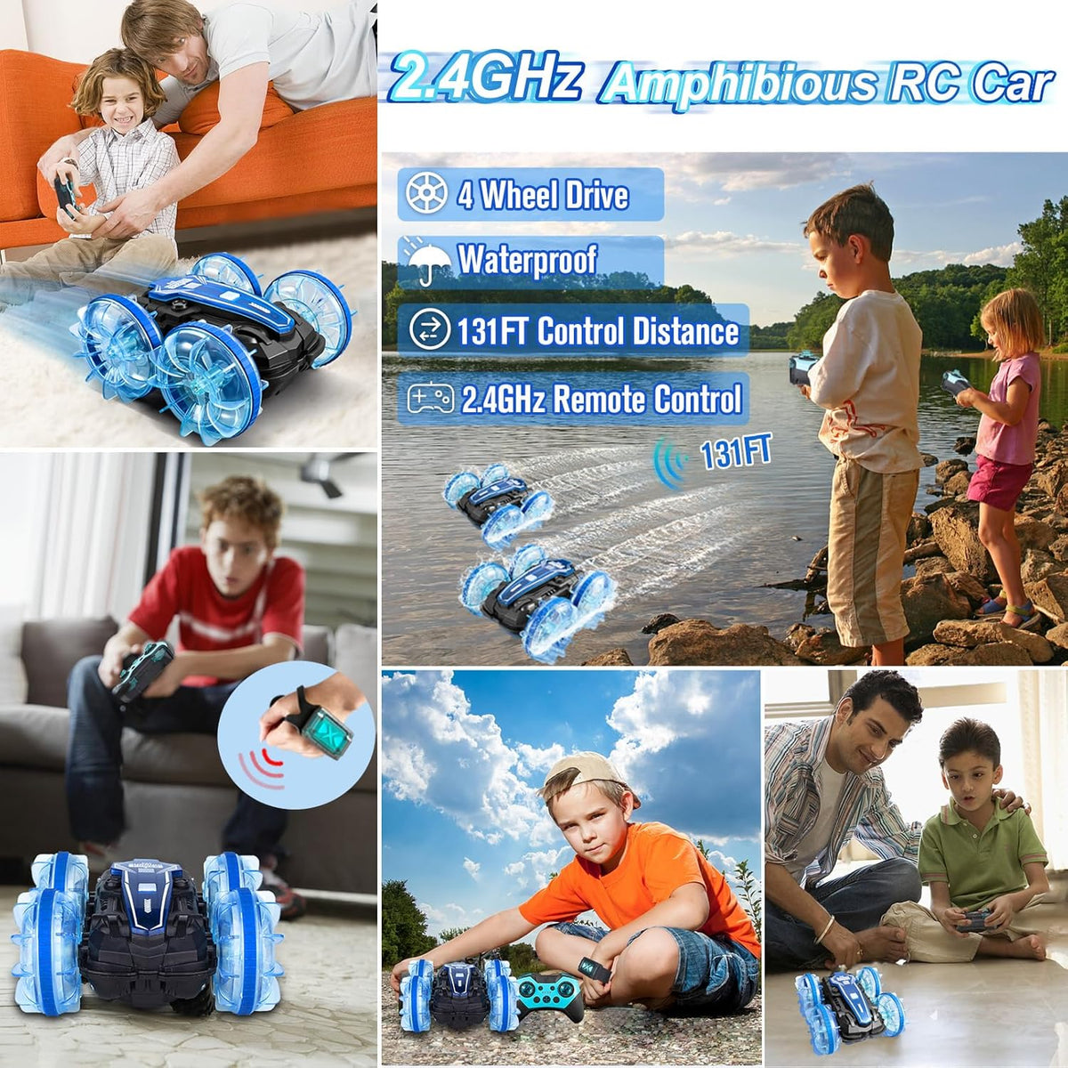 Toys for Ages 5-13, Amphibious Remote Control Car, 2.5GHz 4WD 131Ft 360° Rotation, 180° Flip，60Mins Play, Rechargeable Gesture Rc Car with LED, Battery, Kid Toys, Christmas, Birthday Gifts
