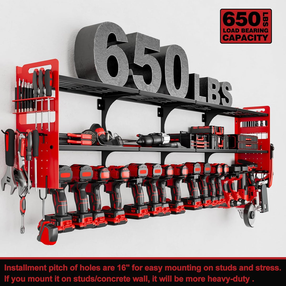 64" Power Tool Organizer Wall Mount, 16 Slots, 3-Tier Drill & Cordless Tool Storage Holder with Pegboard Sides, Tool Wall Organizer for Garage & Workshop Red