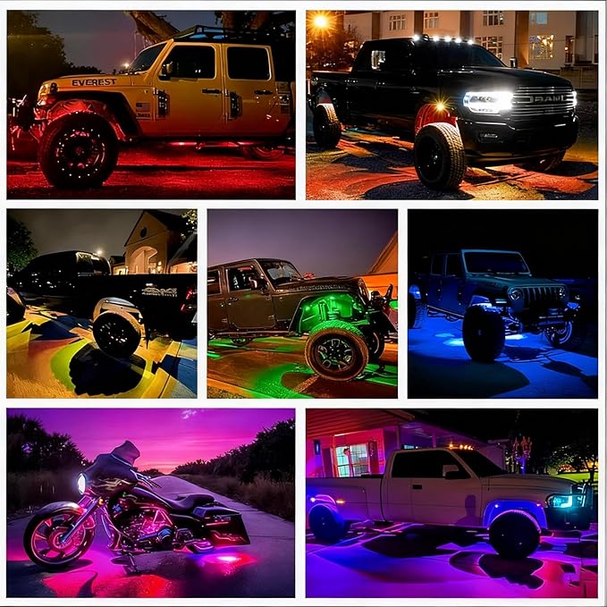 RGB LED Rock Lights Kit, 4 pods Multicolor Neon Light with Bluetooth App/Remote Control Flashing Music Mode, Aluminum Metal, IP68 Waterproof, 12v for Truck ATV UTV SUV