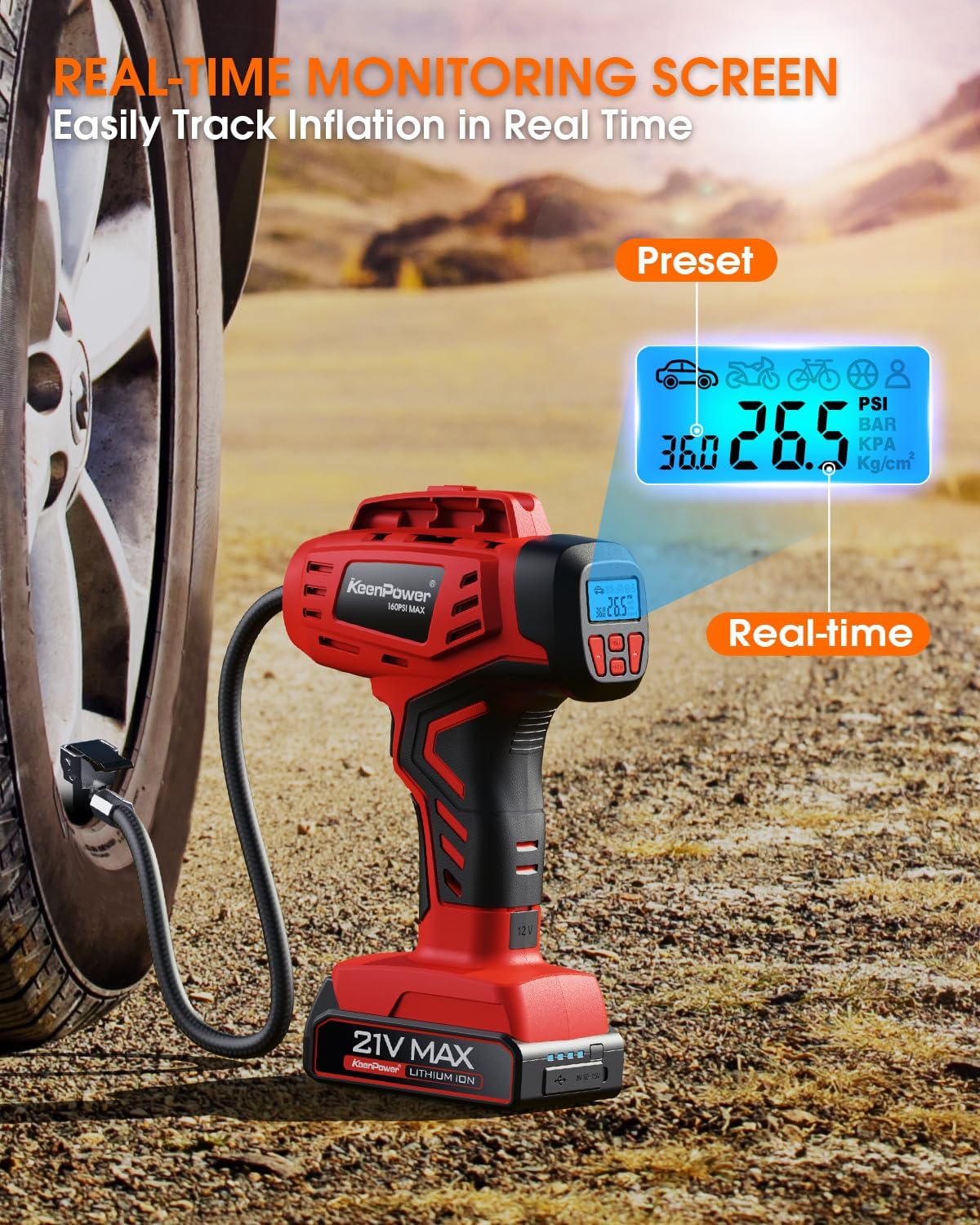 Digital Cordless Tire Inflator Portable Air Compressor Automatic 160PSI w/Gauge Screen & 4+N Smart Mode & Dual Power Supply, Rechargeable 21V Battery Powered Handheld Air Pump, Car Tire Pump