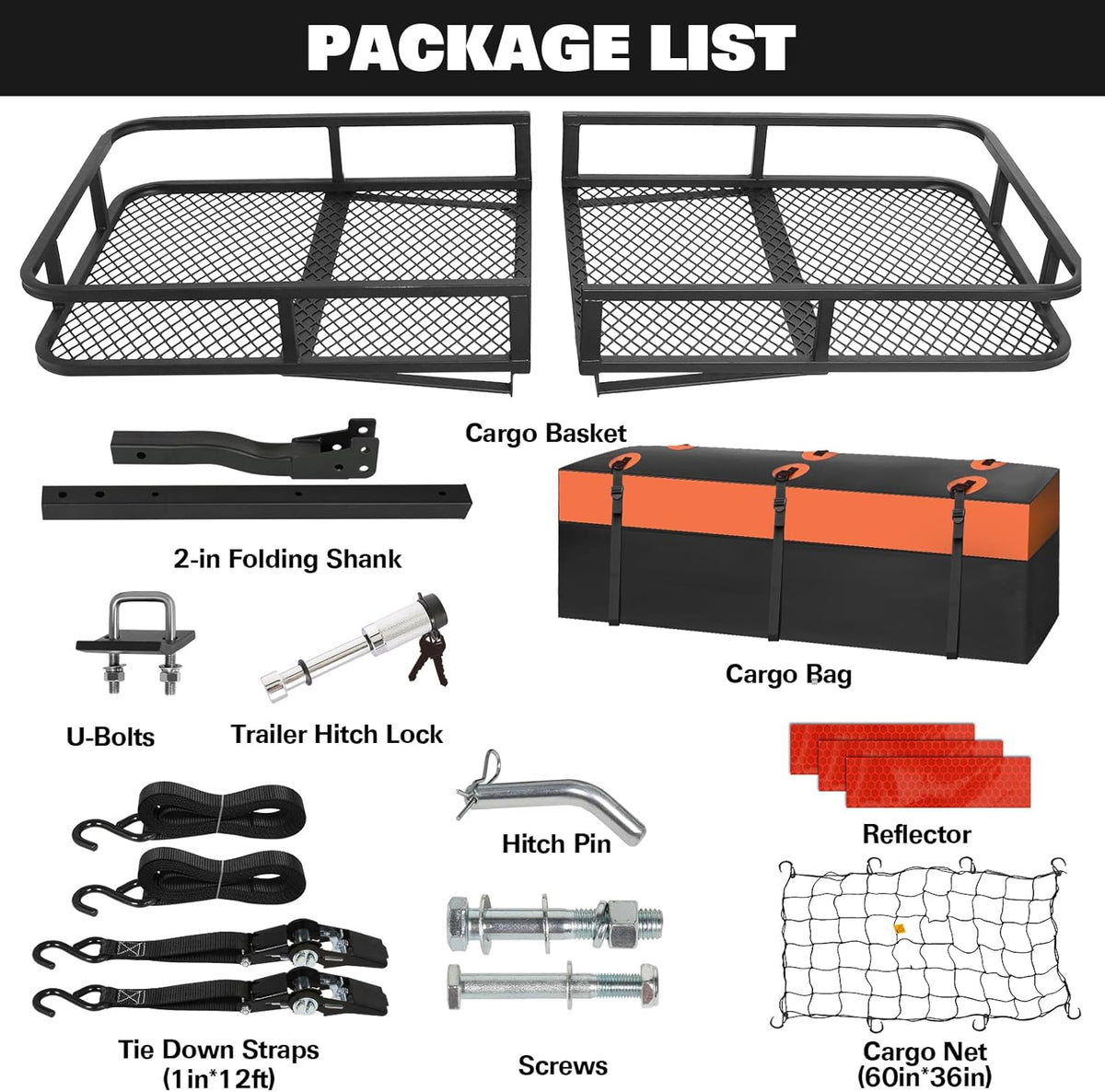 WEIZE Folding Hitch Mount Cargo Carrier Basket 60" X 20" X 6"+ Waterproof Cargo Bag, Hauling Weight Capacity of 500 Lbs and A Folding Arm, with Hitch Stabilizer, Net and Straps