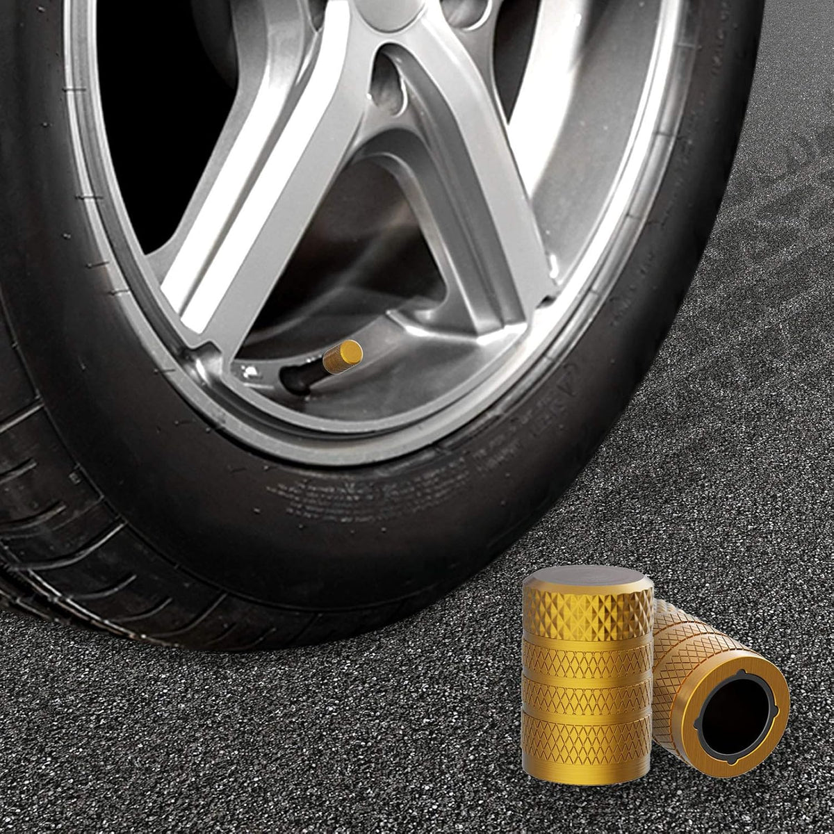 CKAuto Tire Valve Stem Caps, Golden Yellow, 4 pcs/Pack, Anodized Aluminum Tire Valve Cap Set, Corrosion Resistant, Universal Stem Covers for Cars Trucks Motorcycles SUVs and Bikes