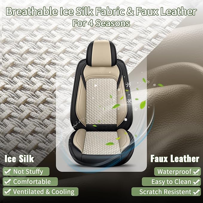 Car Seat Covers for Honda Accord 2003-2017, Breathable Cooling Ice Silk Leather, 2 Front Seats Vehicle Protector Cushion Auto Accessories (Black&Beige)