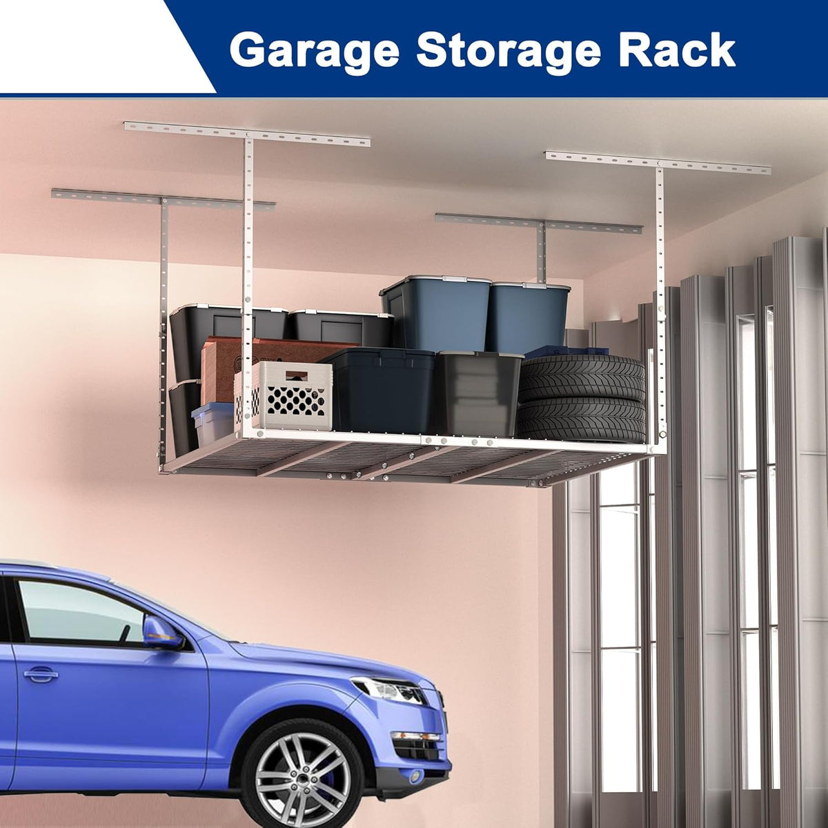 GIOTORENT 3x4FT Heavy Duty Overhead Garage Storage Rack - Adjustable Ceiling Shelving with 450lbs Weight Capacity, Metal Garage Organization System, White