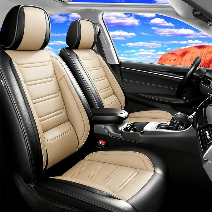 Fit Mazda 3 Car Seat Covers for Select Mazda 3 2010-2019 - Full Coverage Leather, Airbag Compatible, Waterproof & All Weather Seat Cushion Protector, Full Set, Black+Beige