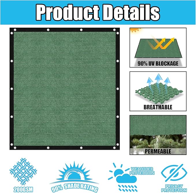 Amagenix 90% Pergola Shade Cover 7' X 11' Sun Shade Cloth with Grommets for Outdoor Garden Patio Porch, Commercial Grade 200 GSM - Cable Zip Ties Included (We Customized) GN108, Green