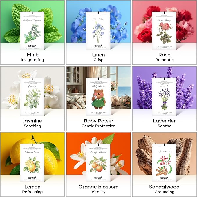 MYARO 12 Packs Baby Powder Scent Sachets Room Air Freshener for Closet Drawer Clothes Storage Small Space Odor Eliminator