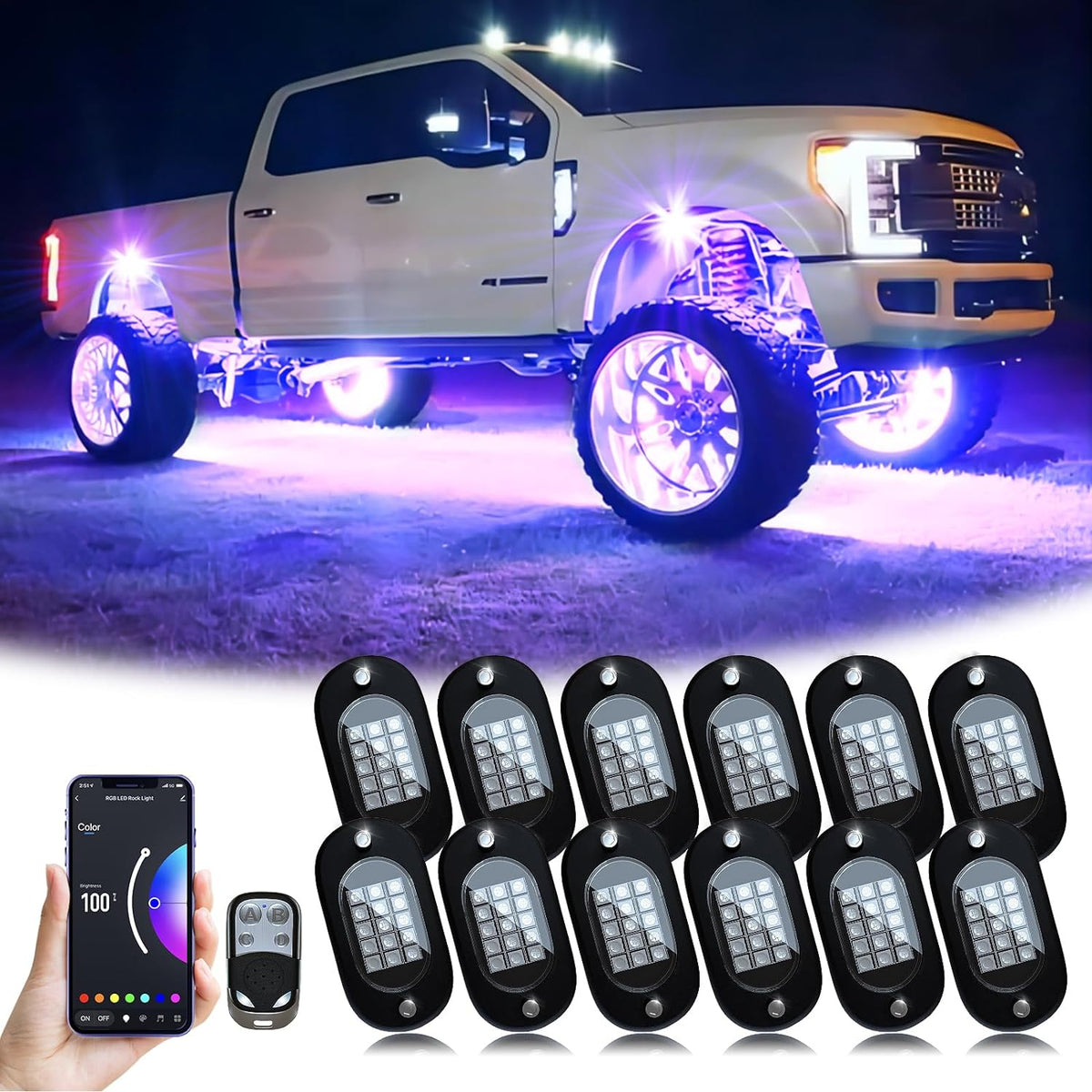 YiLaie RGB LED Rock Lights, 180 LEDs Lights with Phone App/Remote Control & Timing & Music Mode Rock Lights Kits, Waterproof Underglow Light for ATV RZR UTV SUV Off Road AUTO Motorcycle (12 Pods)