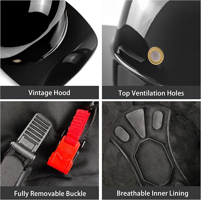 Adult Unisex Black Half Motorcycle Helmet, DOT Approved, for Chopper Moped Scooter Motorbike Electric