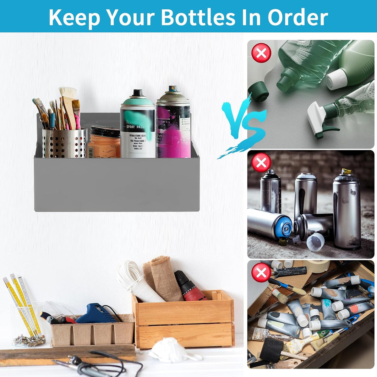 Magnetic Aerosol Spray Can Holder, Magnet Toolbox Bottle Holder, Tool Box Storage Rack for Garage and Home, Craft Workspace, Mechanic Paint Bottle Can Organizer, Silver, 3"x8.3"