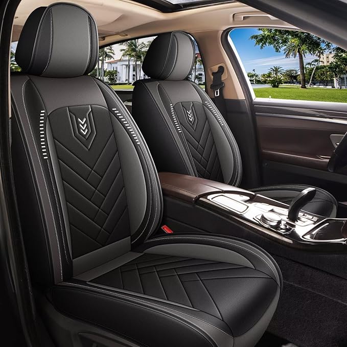 AOMSAZTO Car Seat Cover Fit for Hyundai Kona 2018-2025 2026, Full Set 5 Seats Leather Seat Protector Compatible Airbag Waterproof Automotive Seat Covers Black&Gray