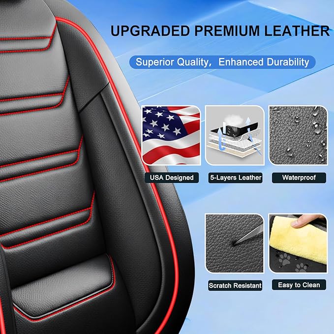 Fit Malibu Car Seat Covers (Front Pair) for Select Chevrolet/Chevy Malibu 2009-2025 - Full Coverage Leather, Airbag Compatible, Waterproof & All Weather Seat Cushion Protector, Red Trim