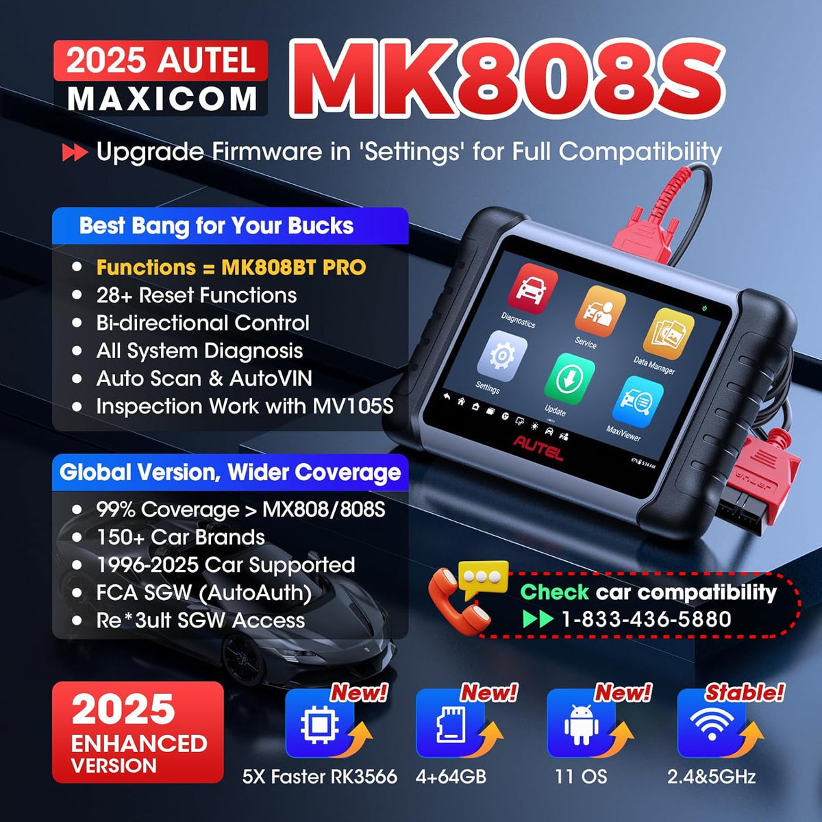 Autel Scanner MaxiCOM MK808S: 2025 Bidirectional Tool as MK808BT Pro MX808S M808Z, Work as MaxiCheck MX900 MK900BT, 28+ Service, Active Test, All System Diagnose, Injector Coding, FCA Autoauth OS 11
