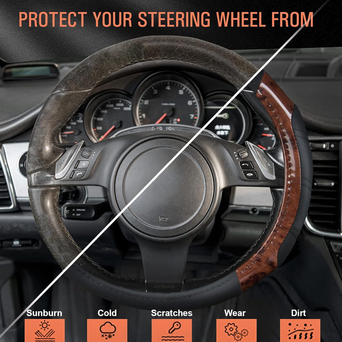 CAR PASS Wood Grain Microfiber Leather Sporty 14.5-15 inch Steering Wheel Cover Universal Fits for 95% Truck,SUV,Cars, Anti-Slip Safety Comfortable Design (Black Wood Grain)