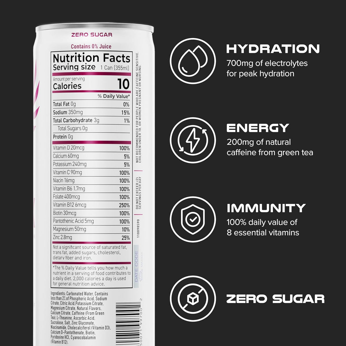 PHX Hydration Energy Drink - 700mg Electrolytes, 200mg Natural Green Tea Caffeine, 100% Daily Value 8 Essential Vitamins - 12 oz Cans (12 Pack) (12 Pack, Wild Berry)