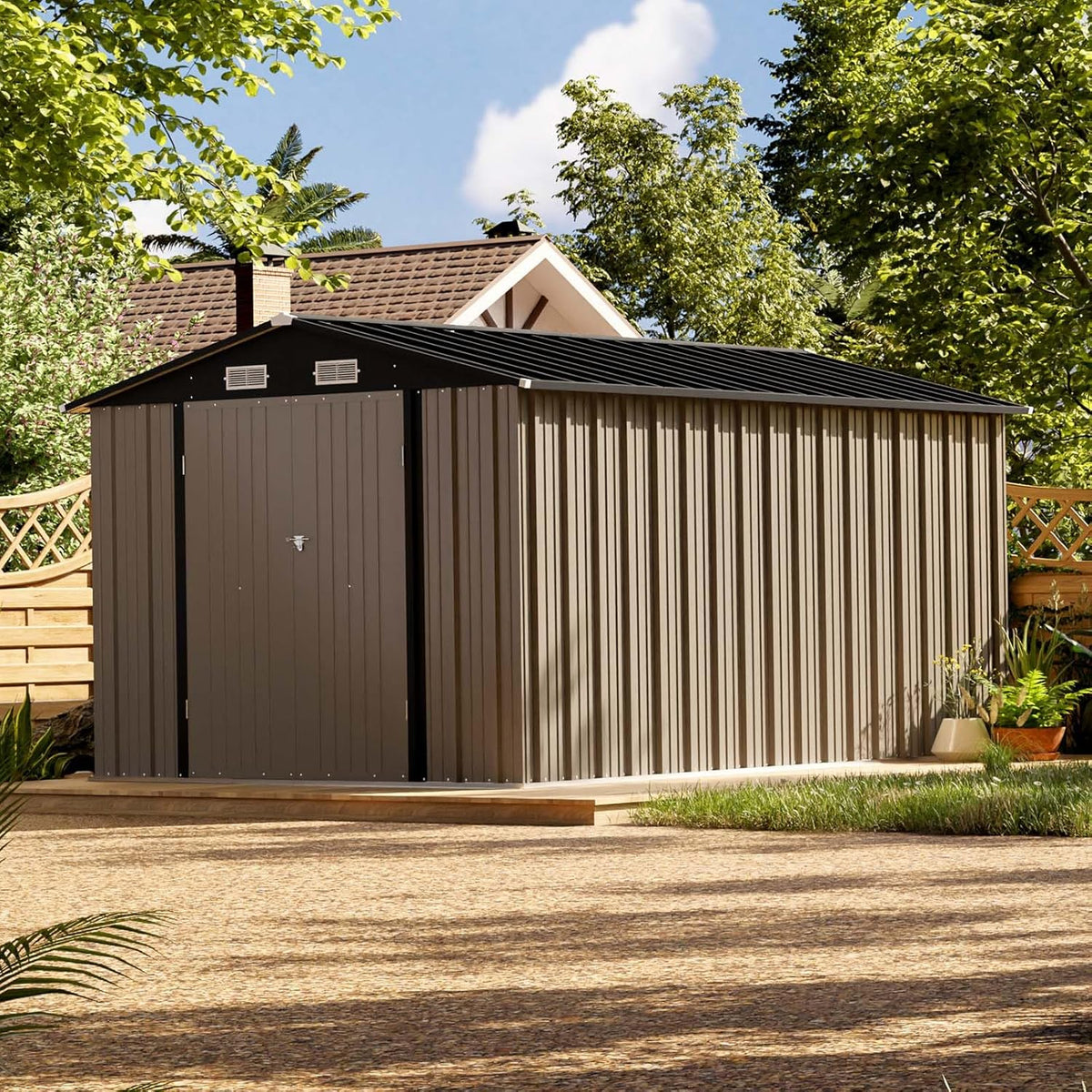 Patiowell 8 x 12 FT Metal Storage Shed for Outdoor, Steel Yard Shed with Design of Lockable Doors, Utility and Tool Storage for Garden, Backyard, Patio, Outside Use, Brown