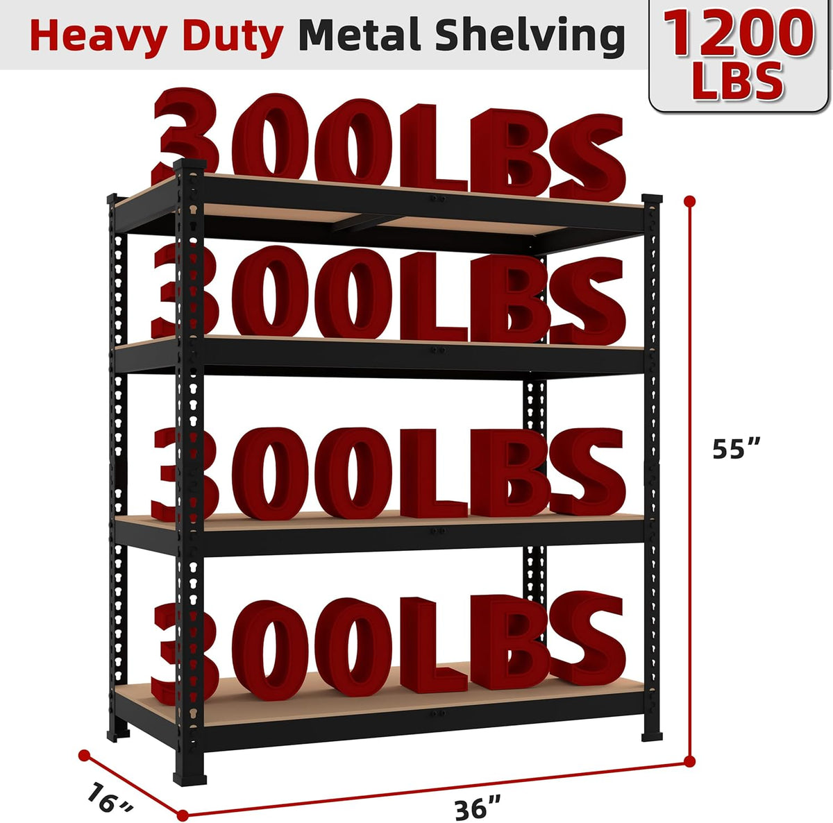 2 Packs 36" W x 16" D x 55" H Adjustable Garage Storage Shelves - 4-Shelf Heavy Duty Shelving Unit, Metal Utility Storage Organizer Racks for Warehouse Pantry Closet Kitchen, Black