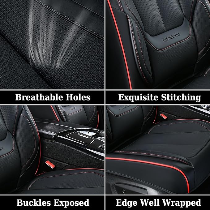 Coverado Universal Seat Covers Full Set, 5 Seats Universal Seat Covers for Cars, Waterproof Nappa Leather Car Seat Covers with Head Pillow, Auto Protectors Fit for Most Pick-up Truck, Black&Redline