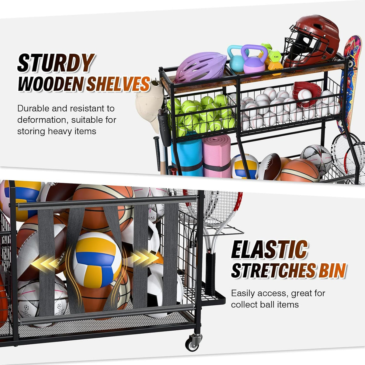 Sports Equipment Organizer, Garage Storage with Basket and Hooks, Rolling Cart with Wheels for Toy Sports Gear Storage, Ball Rack for Indoor/Outdoor
