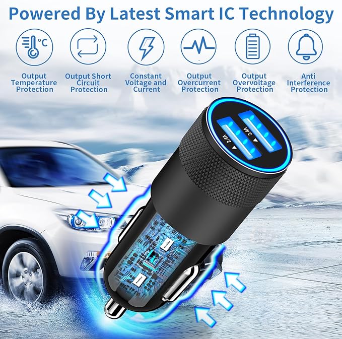 【MFi Certified】iPhone Car Charger Fast Charging, Rombica 4.8A Dual USB Smart Power Cigarette Lighter USB Car Charger with 2Pack Lightning Braided Cable for iPhone 14 13 12 11 Pro XS Mini XR X SE iPad