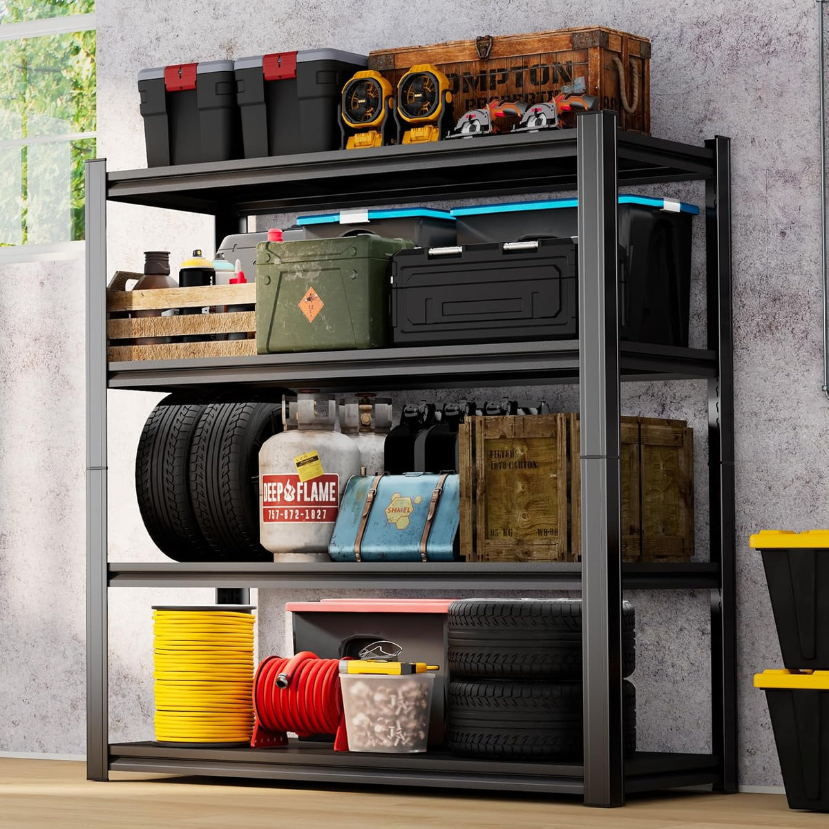 55''H Garage Shelving 2400LBS Heavy Duty Shelving Units, Garage Storage Shelves Adjustable 4 Tier Metal Industrial Shelf for Kitchen, Utility Room and Basement, Black (13.78''Dx35.43''Wx54.33''H)
