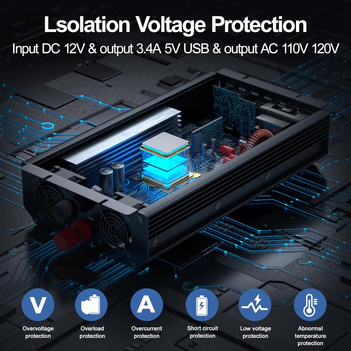 3000W Power Inverter,Peak Power 6000W 12V DC to AC 110V120V,Remote Control with 2AC Outlets and 2.4USB Port,LCD Display for Power Converter,Outdoor Activities,Emergency,Vehicles Truck RV Solar System