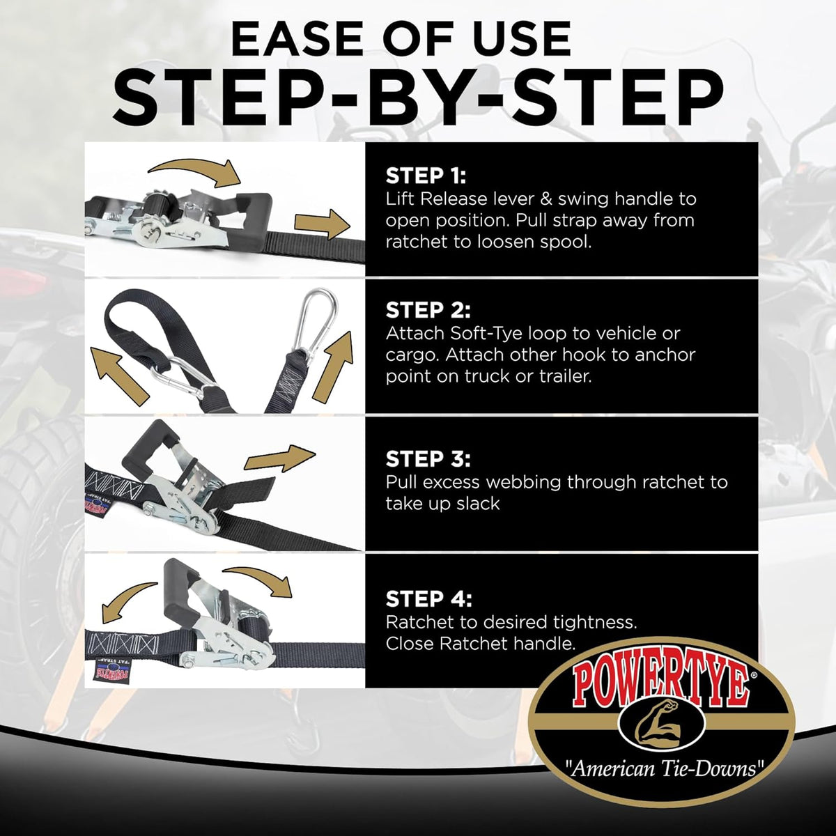 PowerTye 1.5in x 6.5ft Heavy Duty Ratchet Tie-Down Straps with Soft-Tye and Carabiner Hooks - 1,000 lb Working Load Limit / 3,000 lb Breaking Strength - Made in USA - Black/Black Pair