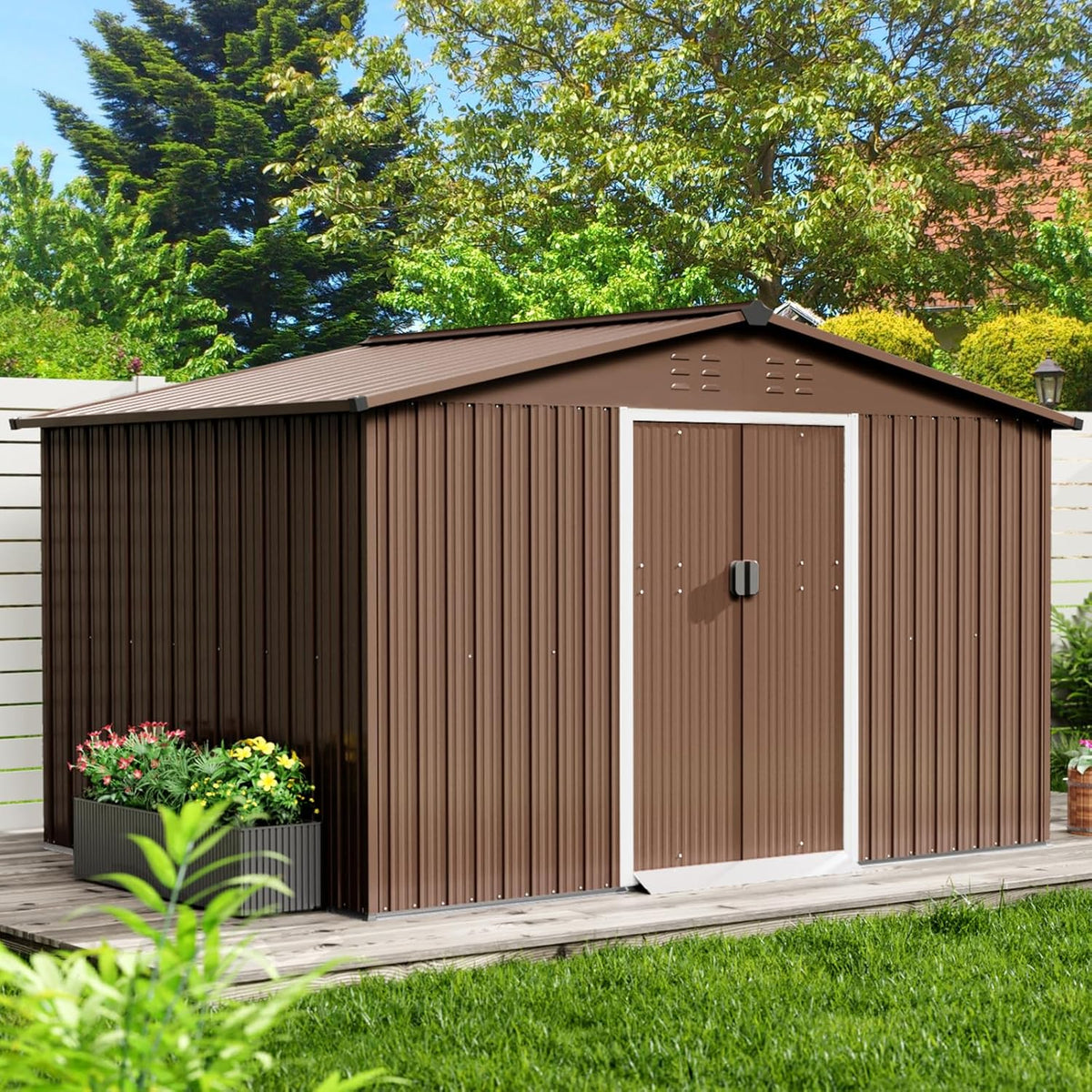 10x10 Ft Brown Metal Outdoor Storage Shed, Large Garden Shed with Sloped Roof & Lockable Door, Backyard Garden Patio Lawn Outdoor Shed for Organising Tools and Equipment in Yard, Garden