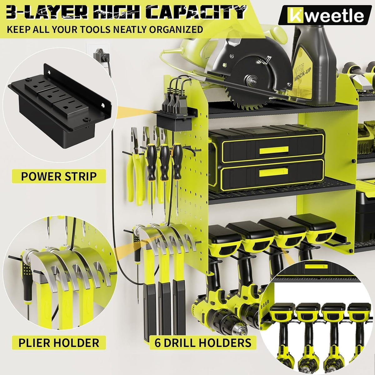 45" Power Tool Organizer Wall Mount with Charging Station - 3 Layer Storage Racks with 8 Cordless Drill Holder, 4 Hooks, Heavy Duty Garage Tool Organizer Storage for Workshop Shed Pegboard Basement