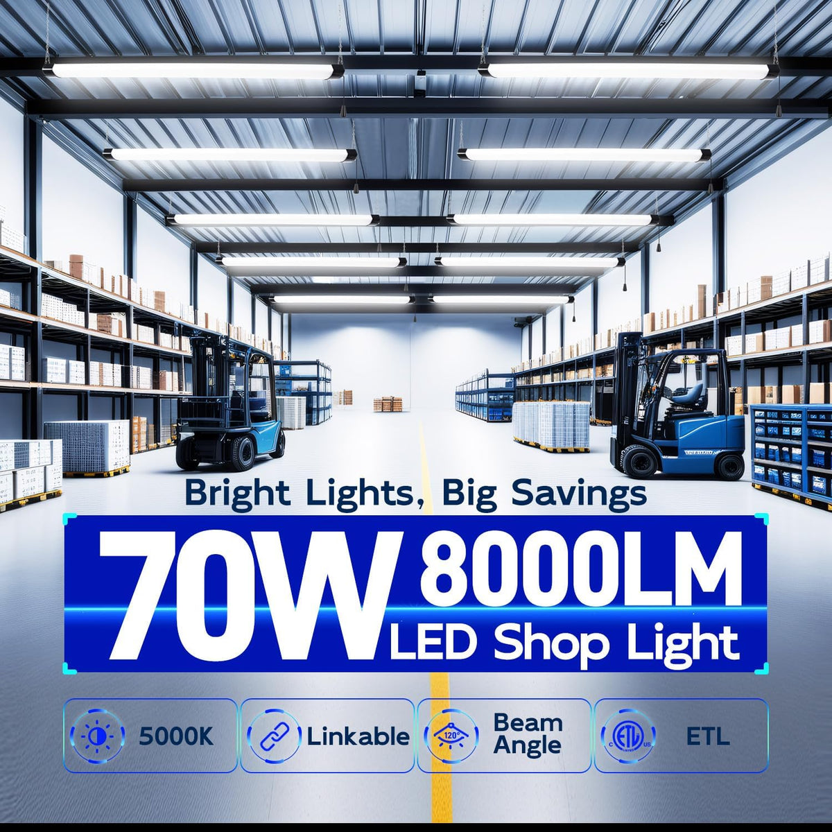 hykolity 4FT 70W LED Shop Light Linkable, 8000lm(300w Equivalent), 5000K Utility Shop Lights for Garages, Workshops, Basements, Hanging or FlushMount, with Power Cord and Pull Chain, ETL, 4 Pack