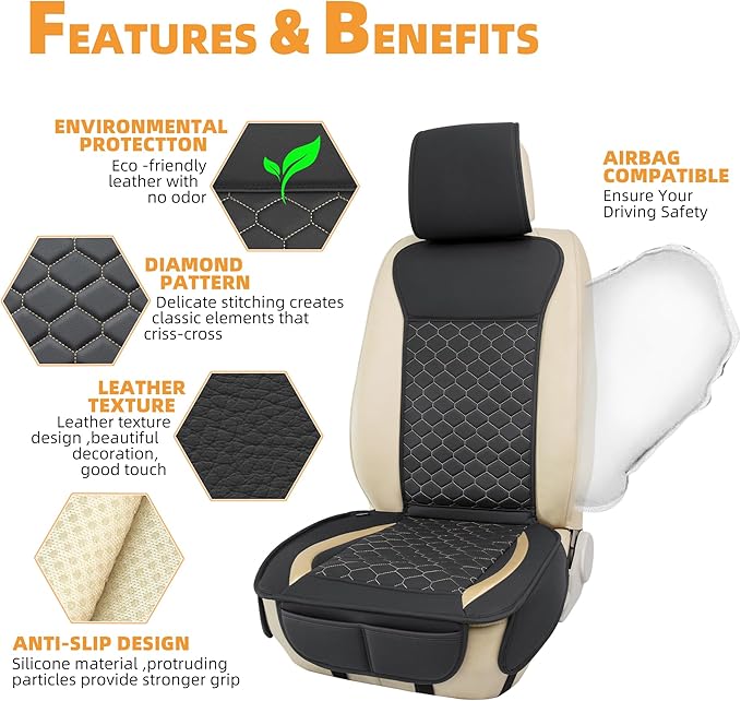 Elantrip 2PCs Front Car Seat Covers Leather Car Seat Protector Universal fit for Most Cars SUVs and Trucks Water Proof Seat Protector Black and Gold