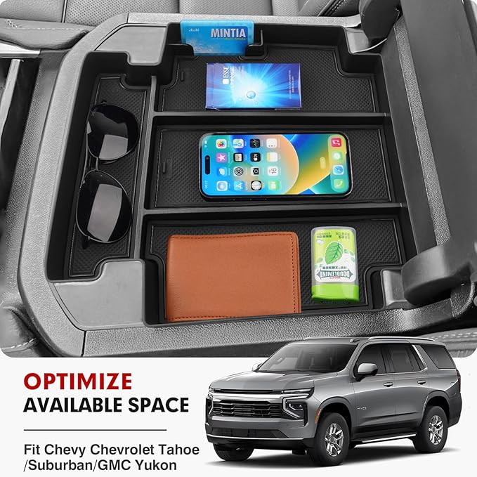 Autorder Center Console Organizer for 2021-2026 Chevy Chevrolet Tahoe/Suburban/GMC Yukon Accessories Armrest Storage Box Secondary Insert Tray with Anti-Slip Mat(Only for Power-Sliding Console)
