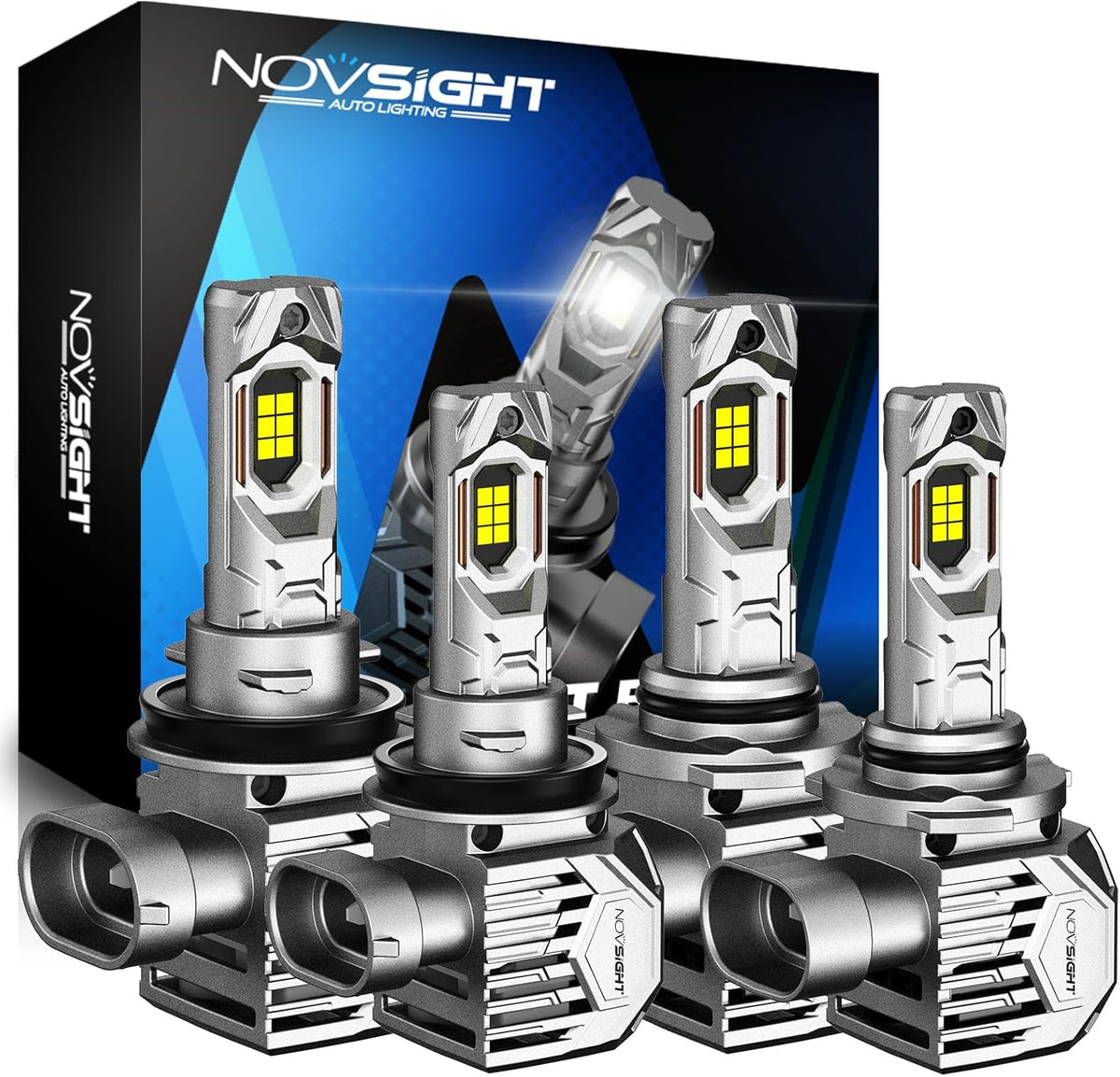 NOVSIGHT H11 9005 LED Fog Light Bulbs,100000 Lumens,6500K Cool White Light,800% Brightness,Plug and Play, Pack of 4