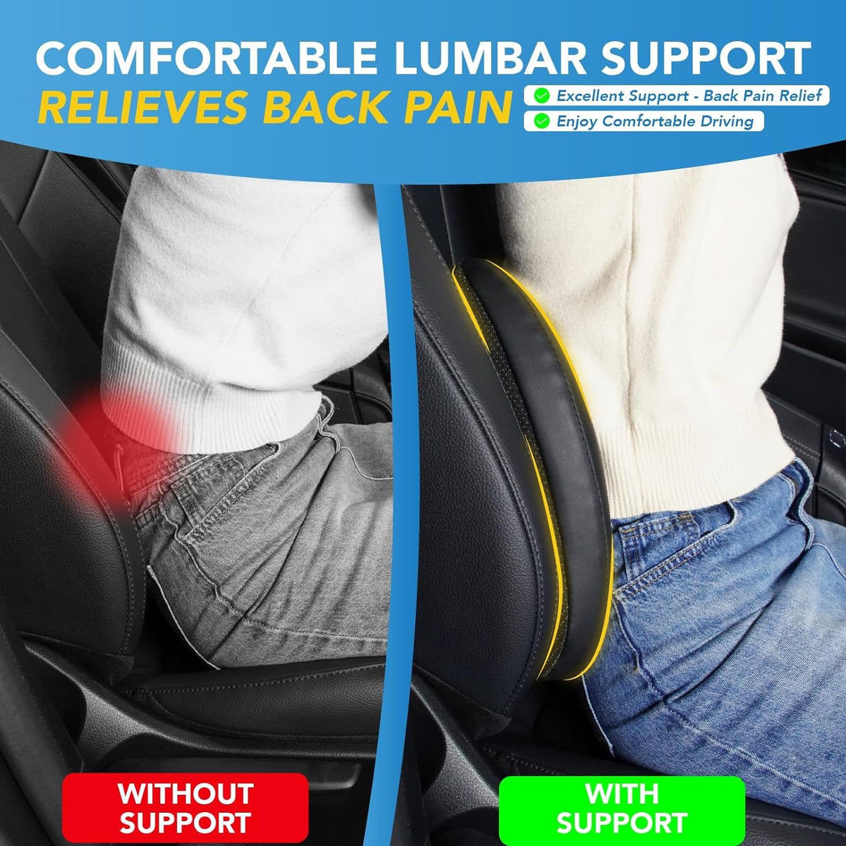 Lumbar Support Pillow for Car, Memory Foam Lumbar Pillow for Lower Back Pain Relief - Back Cushion for Driving, Chair Support for Car-Office Chair, Wheelchair - Black