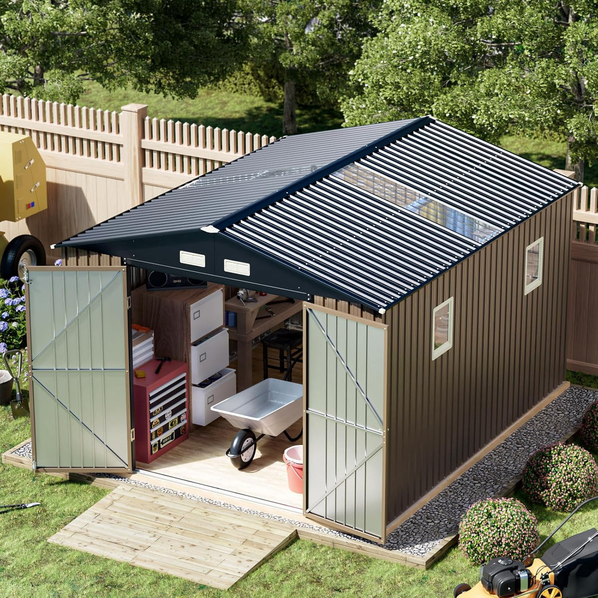 Breezz Outdoor Storage Shed 10 x 12ft. Utility Tool Shed Metal Storage Garden Shed with Lockable Doors, Windows & Metal Frame Floor for Patio Storage,Brown