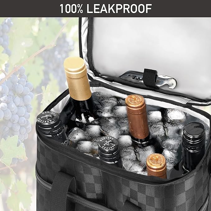 opux 6 Bottle Carrier Tote | Insulated Padded Wine Cooler Bag for Travel. Picnic, BYOB | Portable Leakproof Wine Tote Bag for Dinner, Party, Christmas, Wine Gift for Women, Men (Black Square)