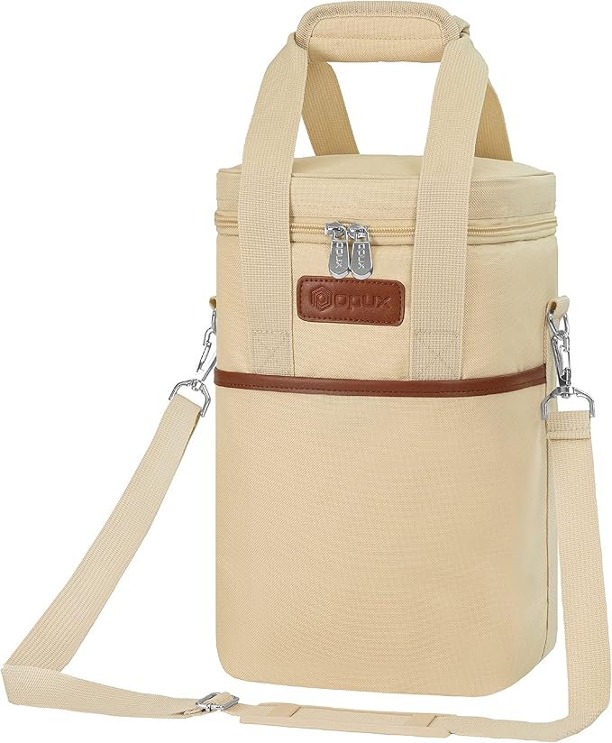 Opux 4 Bottle Insulated Wine Cooler Bag - Leakproof Padded Portable Wine Bottle Carrier for Travel Picnic BYOB Gift (Beige Cream)