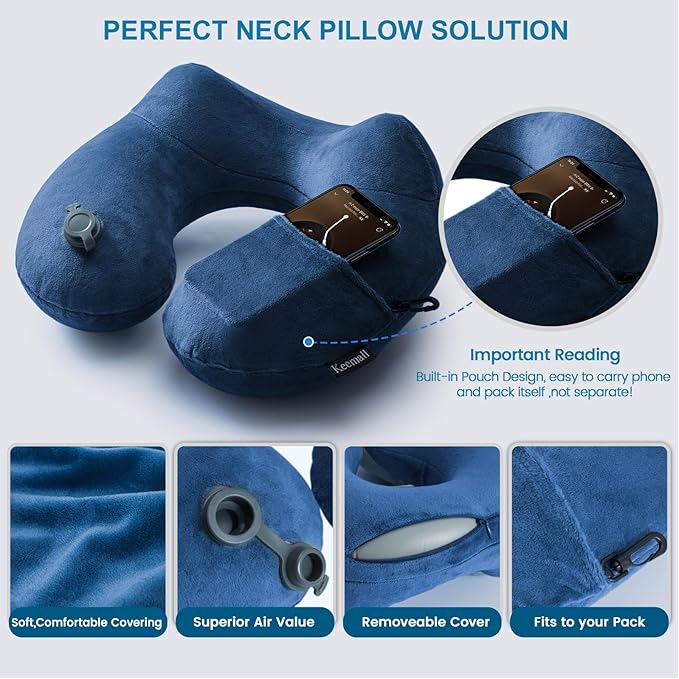 Inflatable Neck Pillow Airplane, Comfortable Inflatable Travel Neck Pillows for Airplanes Traveling on Plane, Soft Plush Cover Head Neck Rest Sleeping Long Flight for Car Train Office Home