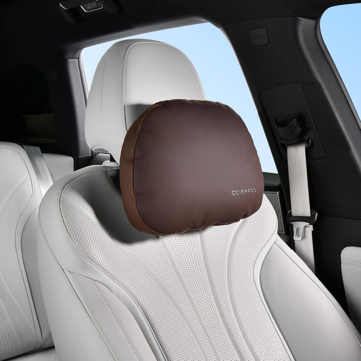 Coverado Leather Car Headrest Pillow Car Neck Pillow with Adjustable Strap, Head Support Rest Driver Relax Head Muscles Relieve Driving Fatigue, Breathable & Removable Cover, Coffee