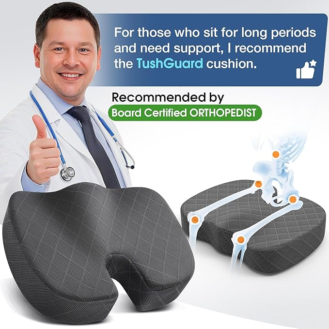 TushGuard Seat Cushion - Memory Foam Cushion for Office Chair, Car Seat, Airplane, Bleacher - Sciatica & Hip & Coccyx Pain Relief Desk Chair Cushion for Long Sitting Office Workers, Car Drivers