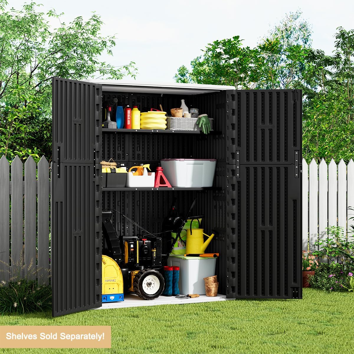 KINYING Outdoor Storage Shed,57 Cu.ft Vertical Outdoor Storage Cabinet Waterproof, Outdoor Resin Tool Shed for Patio Furniture, Garden Tools, Pool Accessories, Lawn Mower(Black Color)