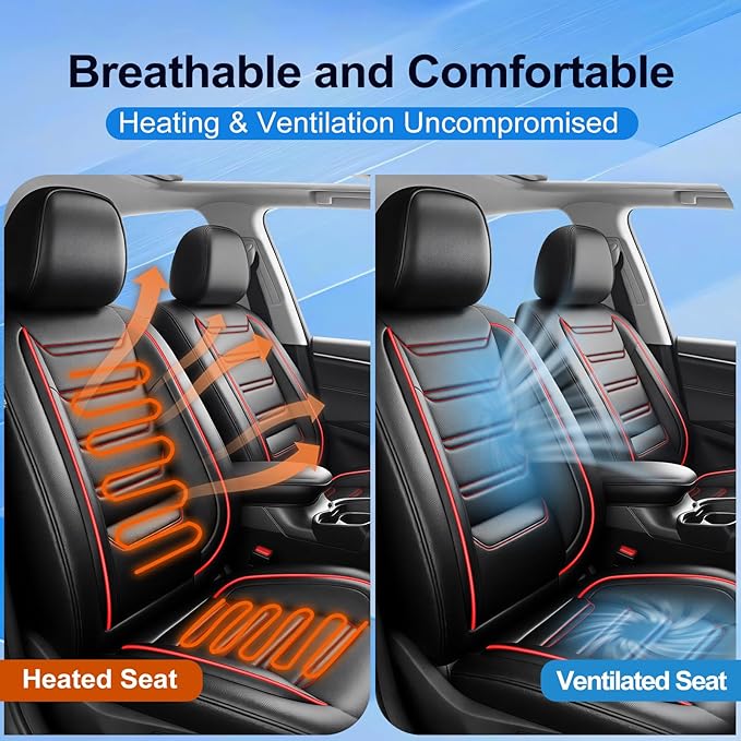 Fit CX-5 Car Seat Covers (Front Pair) for Select Mazda CX5 2013-2024 2025 2026 - Premium Full Coverage Leather, Airbag Compatible, Waterproof & All Weather Seat Protector, Black with Red Trim