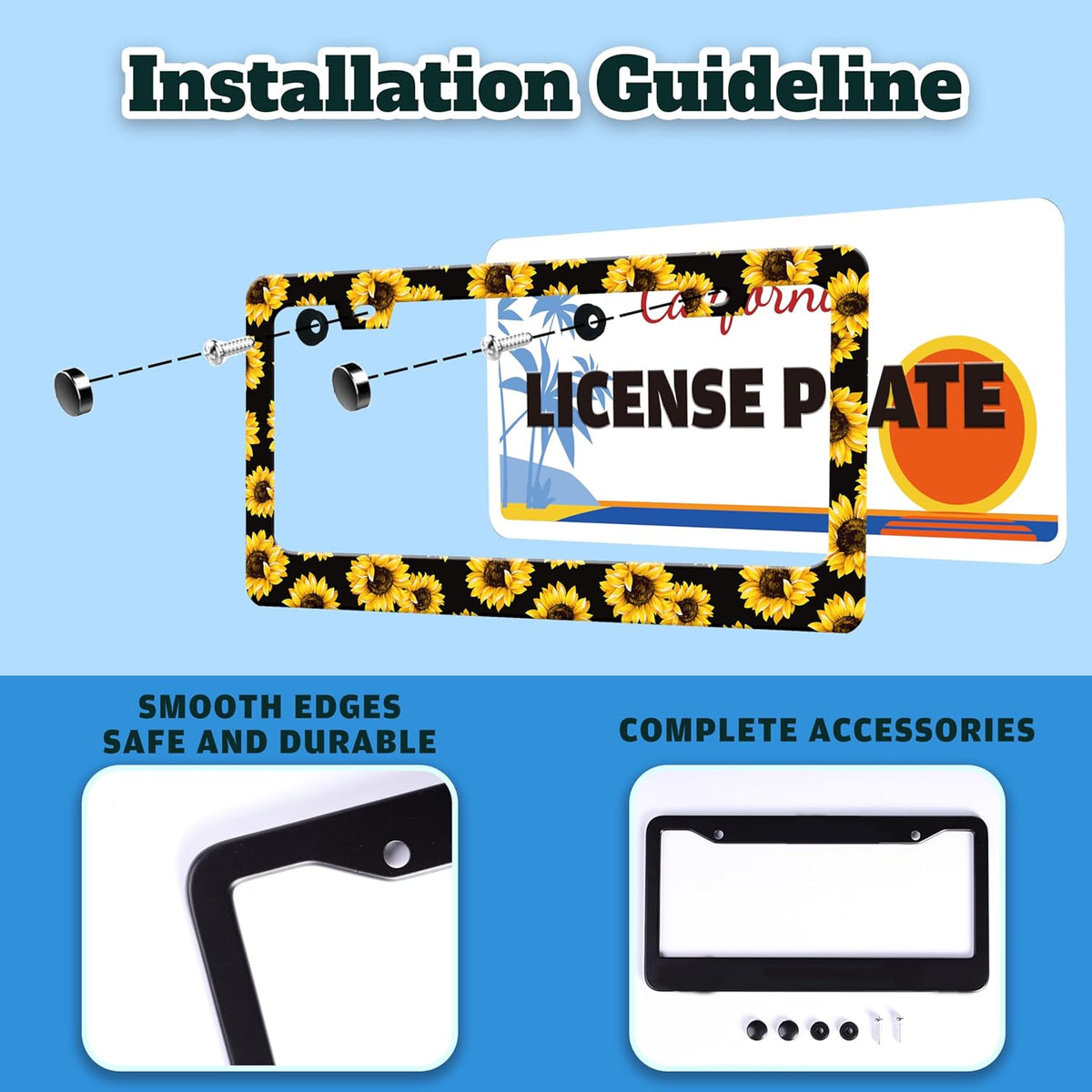 Sunflowers License Plate Frame Yellow Flowers Stainless Steel License Plate Holder for Front or Rear Car Tags Funny for Car Decoration Accessories with Screws 6.3 X 12.2 in for Women Men