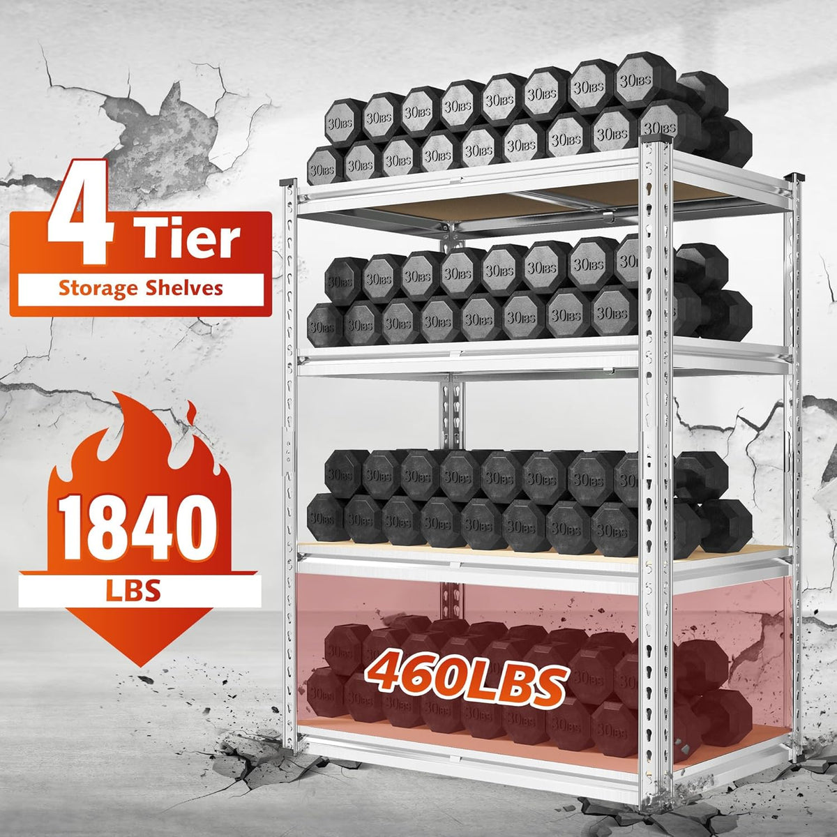 REIBII 60.05" H Storage Shelves 1840LBS Garage Shelving Heavy Duty Shelving 4 Tier Garage Shelves Adjustable Metal Shelf for Kitchen Basement Pantry Warehouse 35.45" W x 17.72" D x 60.05" H