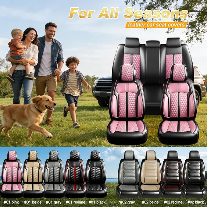 Fit HR-V Car Seat Covers for Honda HRV 2016-2025 2026 LX/EX/EXL/Sport - Full Coverage Leather, Airbag Compatible, Breathable Waterproof All Weather Seat Protector, Front Pair Black+Pink
