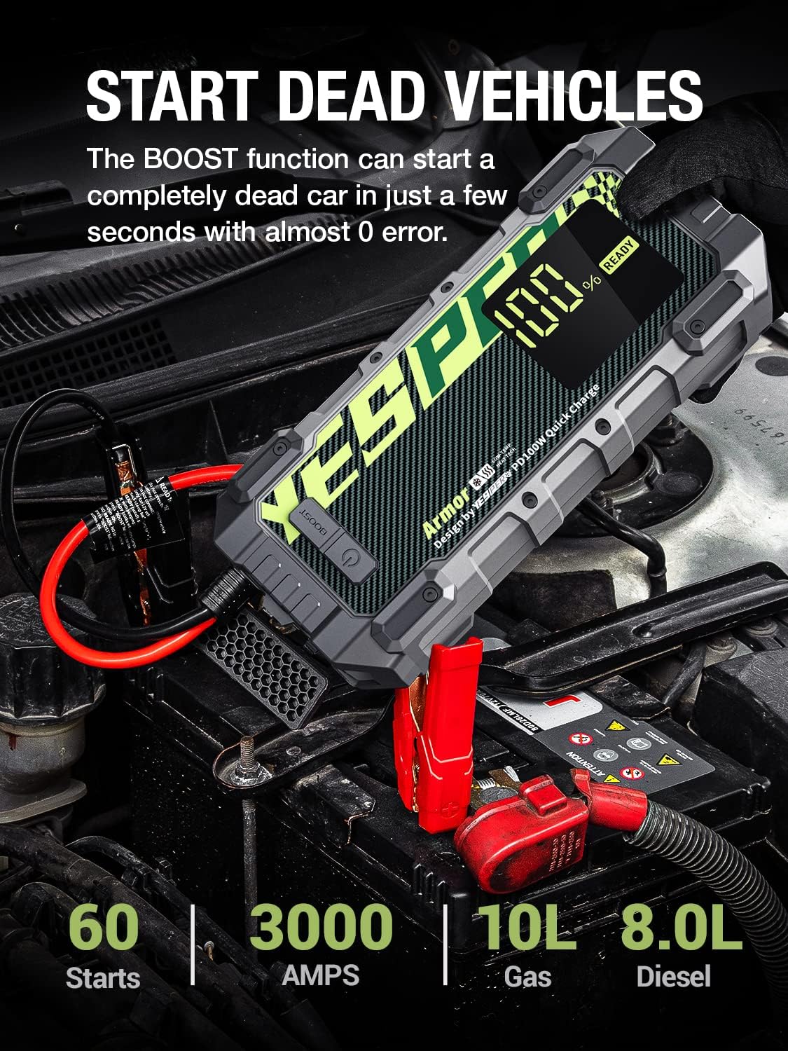 YESPER Car Jump Starter, 3000A Peak Portable Jump Starter with Pre-Heat Tech(-40°F~140°F) 12V Car Charger Jump Starter(10.0L Gas/8.0L Diesel, 60 Times) Jumper Box with PD100W