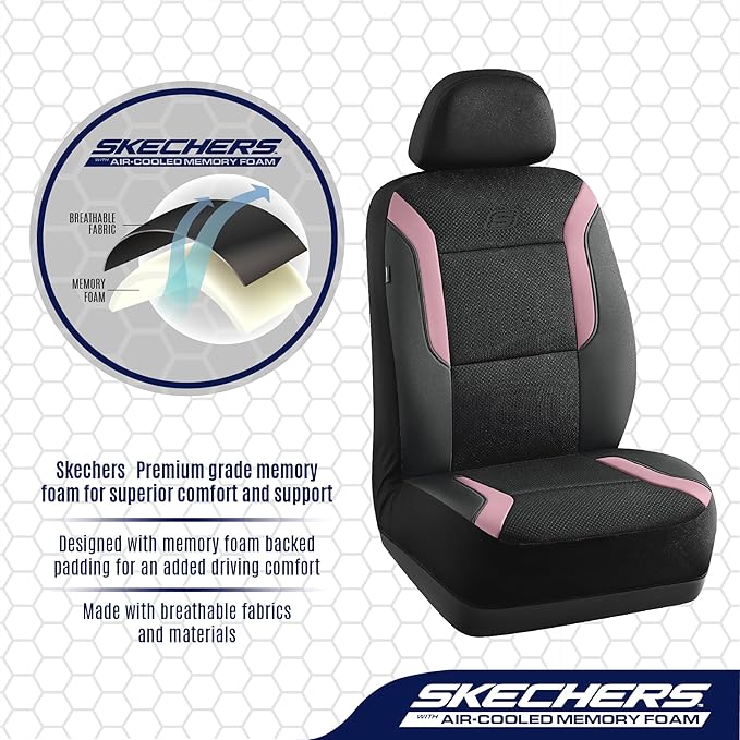 Skechers Memory Foam Car Seat Covers, Air Cool Mesh Thick Seat Covers, Car Seat Covers Front Seats Airbag Compatible, Automotive Comfort Protection for Most Cars, Vans,Trucks, SUVs,Pink