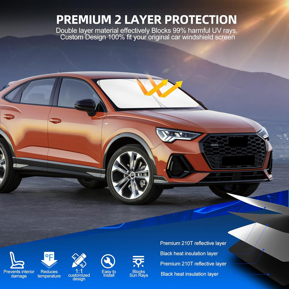 Windshield Sun Shade for Audi Q3 2019-2025 Foldable Sunshade Custom Fit Front Window Car Interior Accessories Protector Blocks UV Rays
