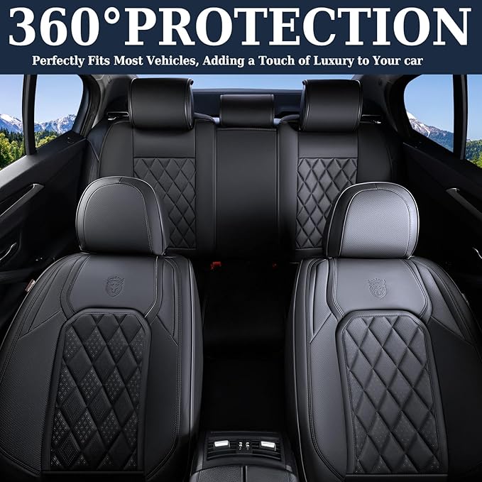 Coverado Car Seat Covers Full Set, Front and Back Seat Covers for Cars, Luxury Faux Leather Waterproof Seat Covers, Black Car Seat Covers, Car Seat Protector Accessories Universal Fit Most Vehicles